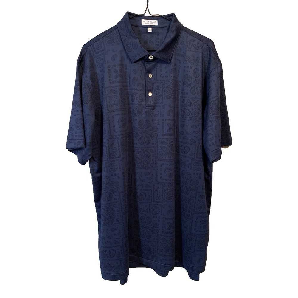Peter Millar Summer Comfort Men's Polo L Short Sleeve Dark Blue Paisley - Picture 5 of 16